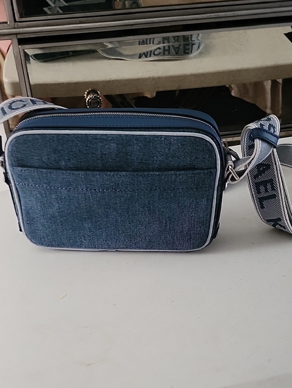 Michael Kors Two-Tone Blue Denim Crossbody with Logo Strap - Picture 3 of 3